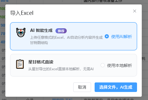 星甘StarGantt Excel导入双模式界面